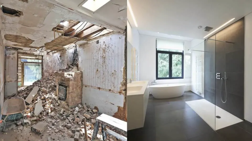 Un bagno durante la demolizione e un bagno finito con doccia in vetro